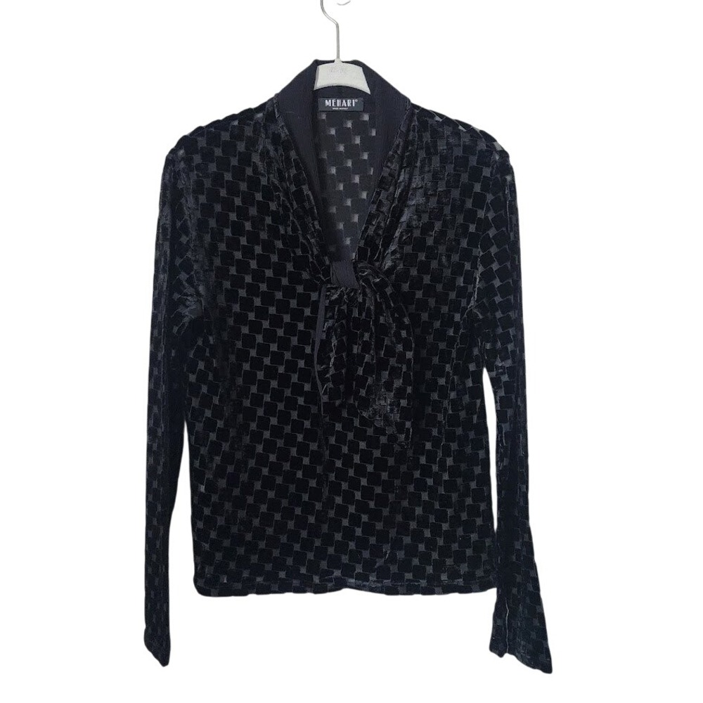 MEHARI VTG Black Velvet Checkerboard Blouse Long Sleeve Tie Neck Burnout Top 44